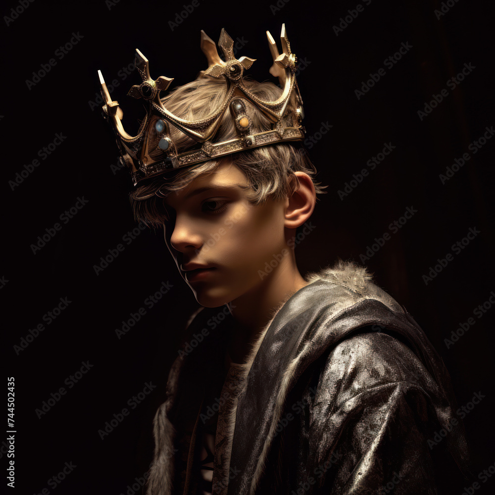 Young king or prince, boy wearing a crown on a dark background. AI generated - obrazy, fototapety, plakaty 