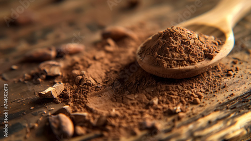 Cocoa powder on a wooden spoon, surrounded by cocoa beans and more powder scattered on a rustic wooden table, highlighted by warm lighting. 