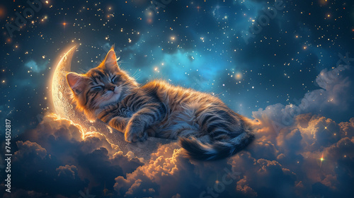 Tranquil cat lounging on a crescent moon, basking in cosmic serenity. photo