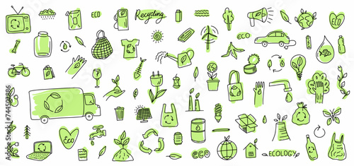 Vector collection of environmental symbols of renewable energy sources and waste recycling, hand-drawn in the style of doodles © Abundzu