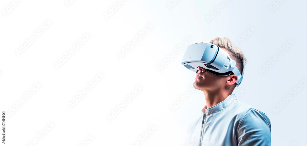 super realictic foto. banner. space for text . a guy in virtual reality glasses on the white background. concept of virtual reality, gamers, future, futuristic super realictic foto. banner. space for text . a guy in virtual reality glasses on the white background. concept of virtual reality, gamers, future, futuristic