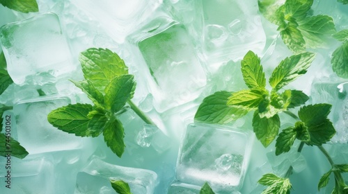 super realictic foto banner Summer mint green background with cold frozen ice cubes. leaves of house plants. concept of Ice podium with space for body care producs, perfume, cocktail. defocus photo