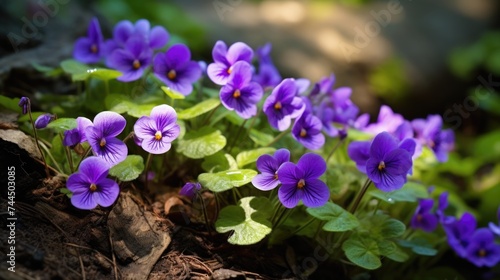 Vibrant Wild Violets in a Lush Forest Setting