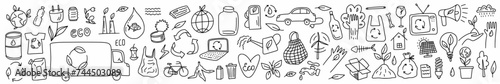 Vector, horizontal collection of environmental symbols of renewable energy sources and waste recycling, hand-drawn in the style of doodles