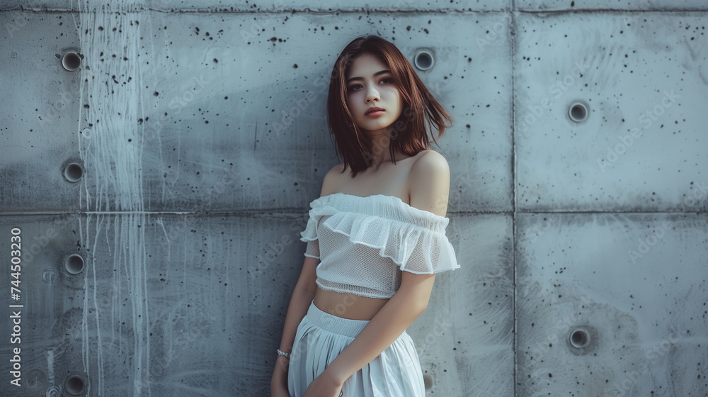 Fototapeta premium コンクリートの壁の前 若い日本人の女性