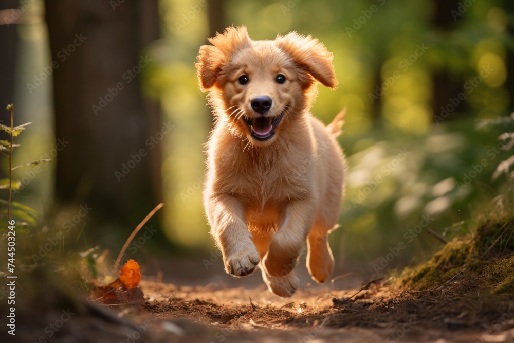 .  title. golden retriever puppy running through sunny green clearing on bright day.