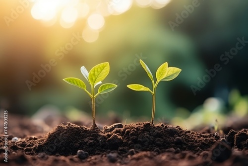 Growing seedlings in rich soil  reaching for morning sunlight - ecology concept. Wide banner