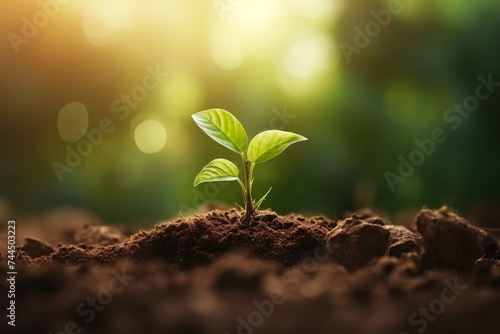 Growing seedlings in rich soil under morning sunlight, ecology concept wide panoramic banner
