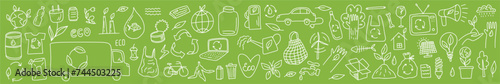 Vector, horizontal collection of environmental symbols of renewable energy sources and waste recycling, hand-drawn in the style of doodles