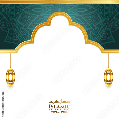 luxury green arch islamic ramadan eid background banner with lantern 