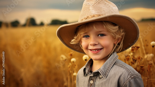 Cute little boy in cowboy hat on the background of a farm. Life on the farm, southern boy