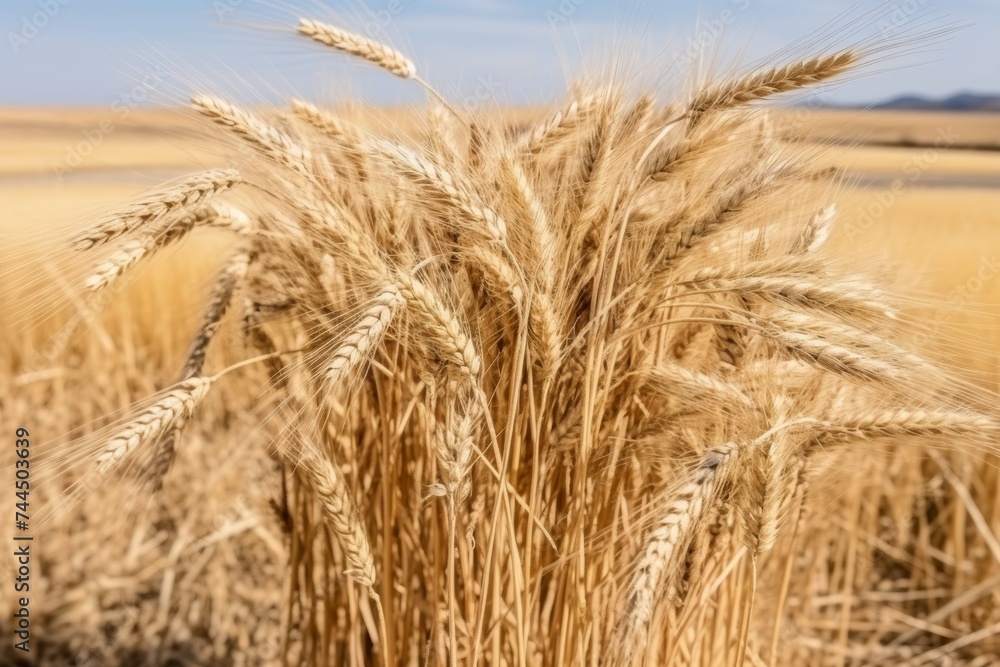 scenic side view of sunlit autumn wheat field with mature dry ears in natural setting scenic side view of sunlit autumn wheat field with mature dry ears in natural setting