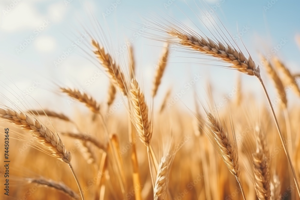 Panoramic view of a serene rural landscape with mature golden autumn wheat ears swaying in the wind Panoramic view of a serene rural landscape with mature golden autumn wheat ears swaying in the wind