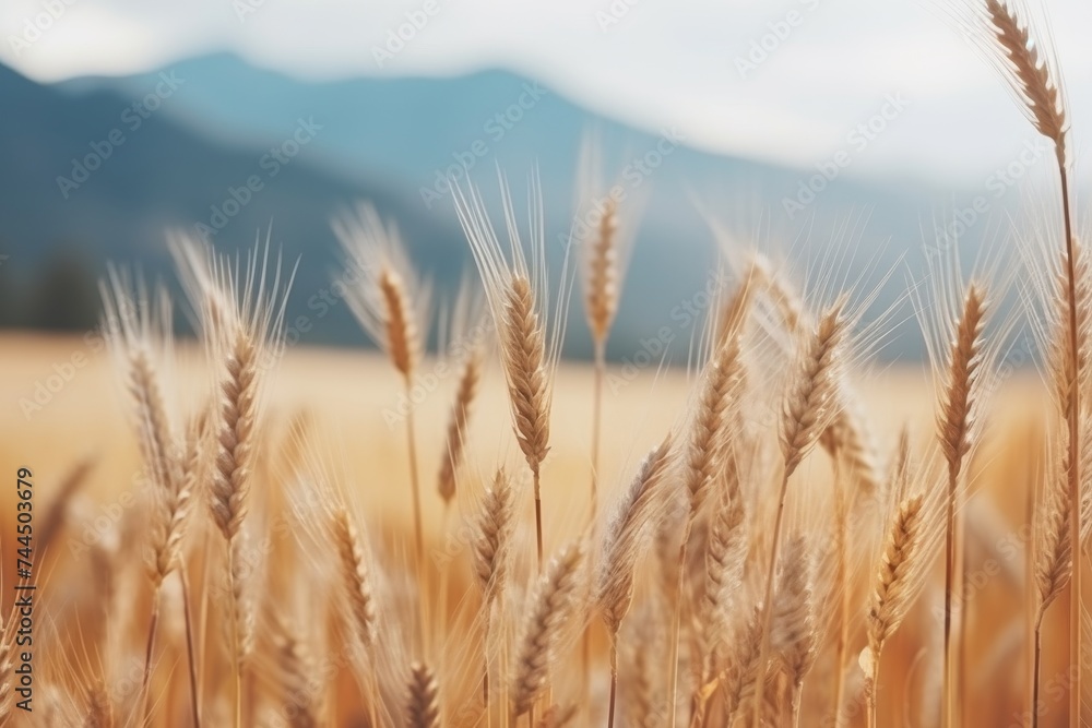 Scenic side view of a beautiful golden wheat field with dry, mature autumn wheat ears Scenic side view of a beautiful golden wheat field with dry, mature autumn wheat ears