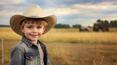 Cute little boy in cowboy hat on the background of a farm. Life on the farm, southern boy