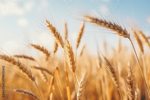 Panoramic view of a serene rural landscape with mature golden autumn wheat ears swaying in the wind