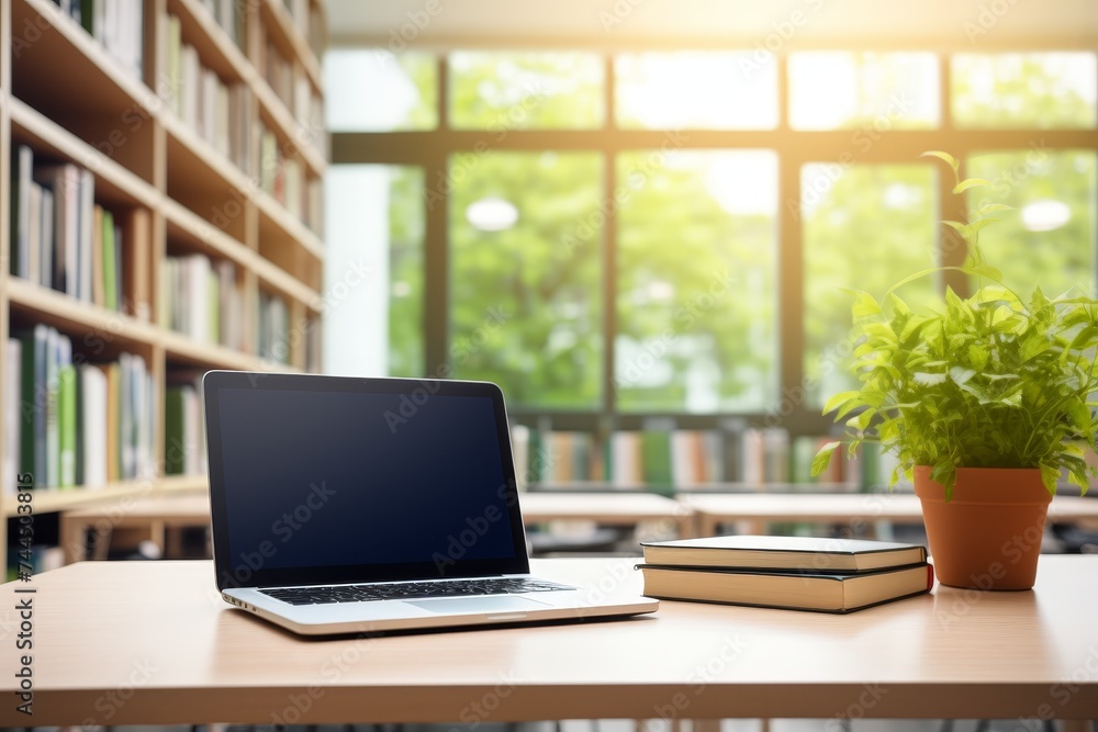 Laptop mockup with blank screen in cozy school classroom environment, ideal for educational websites Laptop mockup with blank screen in cozy school classroom environment, ideal for educational websites