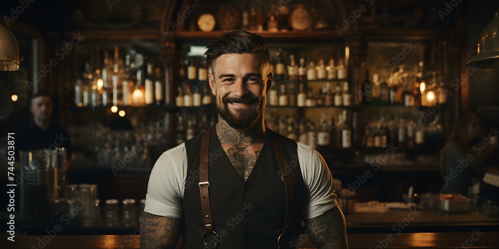 Confident tattooed bartender expresses independence and style working at the bar. Concept Bartender, Tattoo, Independence, Style, Bar Confident tattooed bartender expresses independence and style working at the bar. Concept Bartender, Tattoo, Independence, Style, Bar