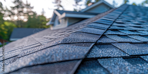 Roof Shingles Close-up. House roof, background with copy space. Tiles Roof shingles with garret. photo