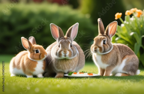 happy family of rabbits celebrates easter on the front lawn. cartoon bunny