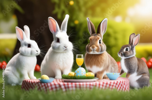 happy family of rabbits celebrates easter on the front lawn. cartoon bunny