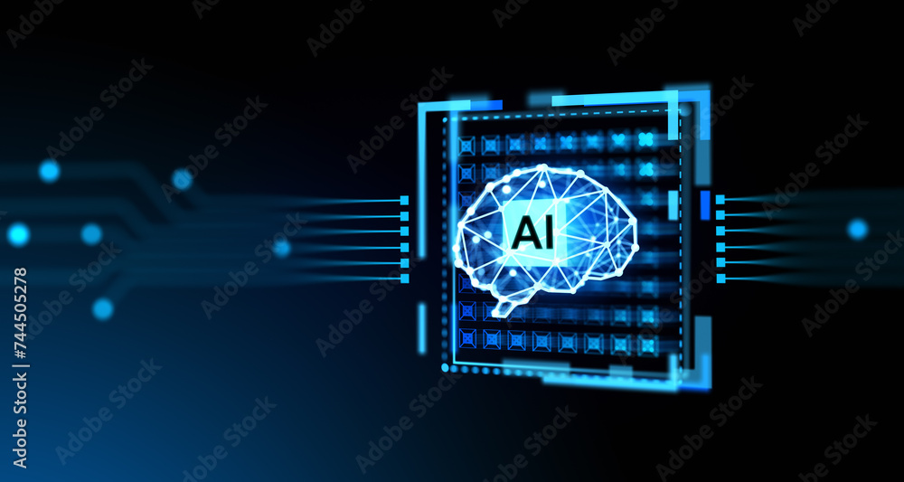 Obraz premium Digital AI brain hologram with connection lines, machine learning