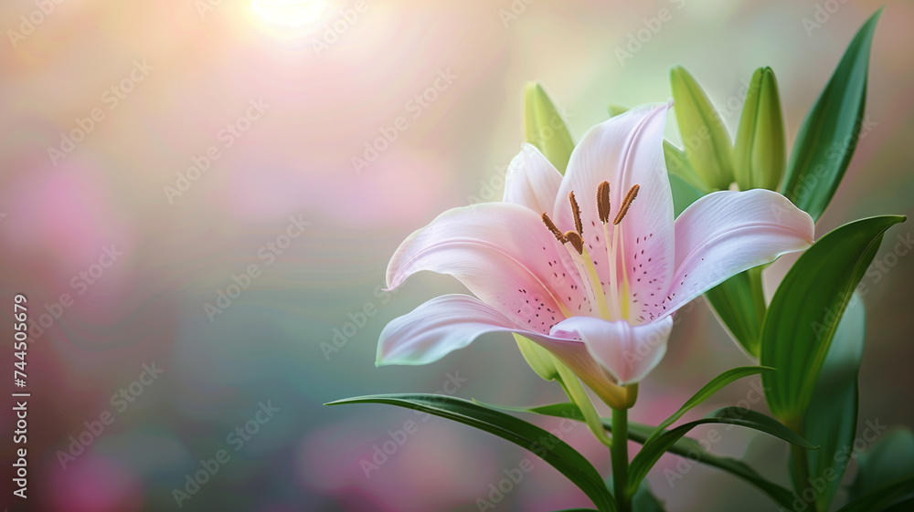A single lily basks in the soft glow of dawn, its delicate petals adorned with dew and set against a dreamy, pastel-colored backdrop.