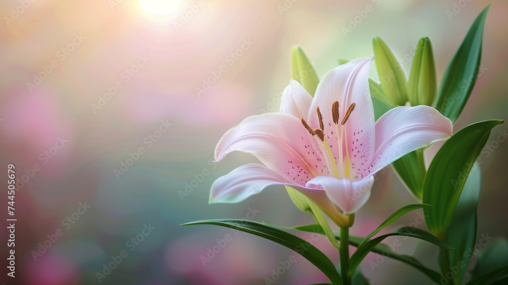 Fototapeta premium A single lily basks in the soft glow of dawn, its delicate petals adorned with dew and set against a dreamy, pastel-colored backdrop.