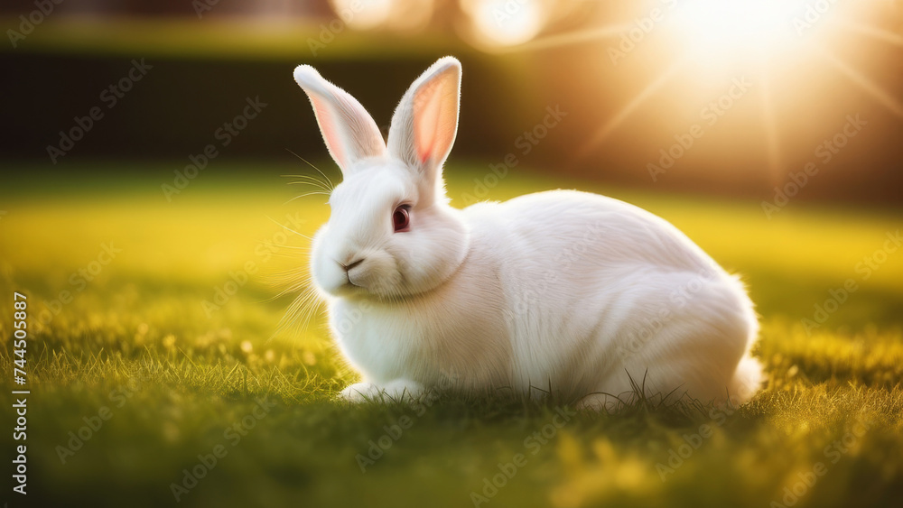 Healthy Lovely fluffy rabbit at nature. Adorable baby bunny in sun Cinematic Lighting Healthy Lovely fluffy rabbit at nature. Adorable baby bunny in sun Cinematic Lighting