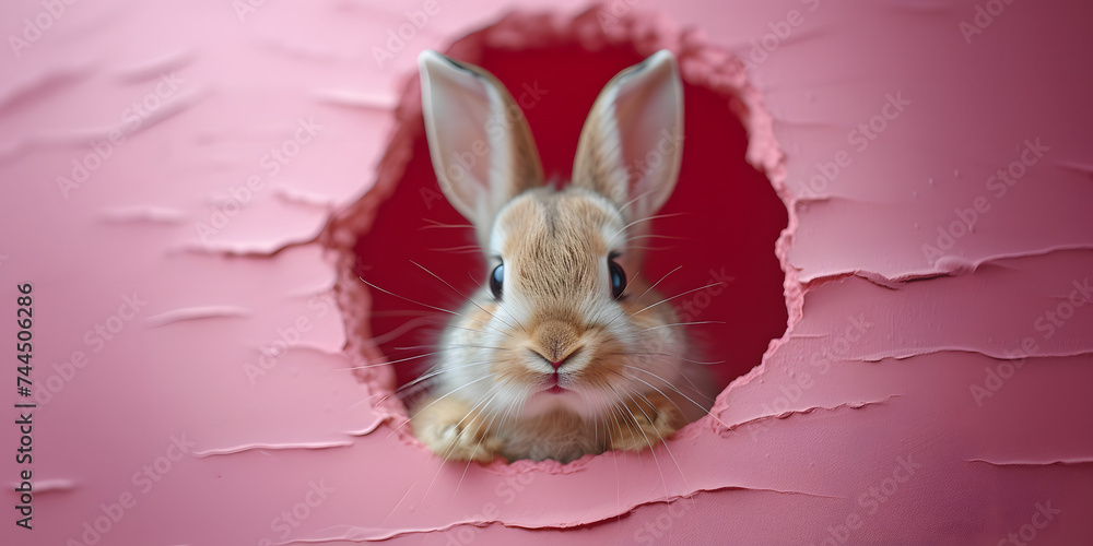 Rabbit peeking through a hole in pink cracked wall. Digital art with ...