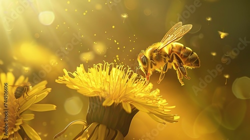 a small bee collects honey from a yellow dandelion and has pollen 