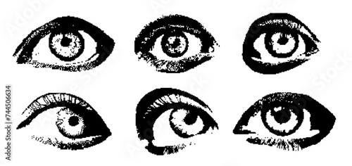 Eyes in pixel grunge photocopy glitch effect. Punk y2k anti-design style design elements for banner, music poster, pop art collage. Vector Illustration