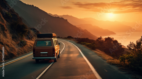 Vintage van traveling at sunset on coastal road near the sea, nostalgic travel adventure scene