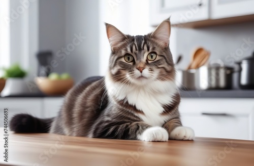 Cute cat sitting at the table in the kitchen home 