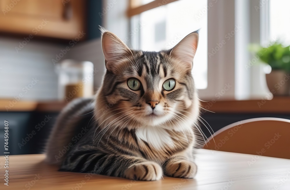 Cute cat sitting at the table in the kitchen home 