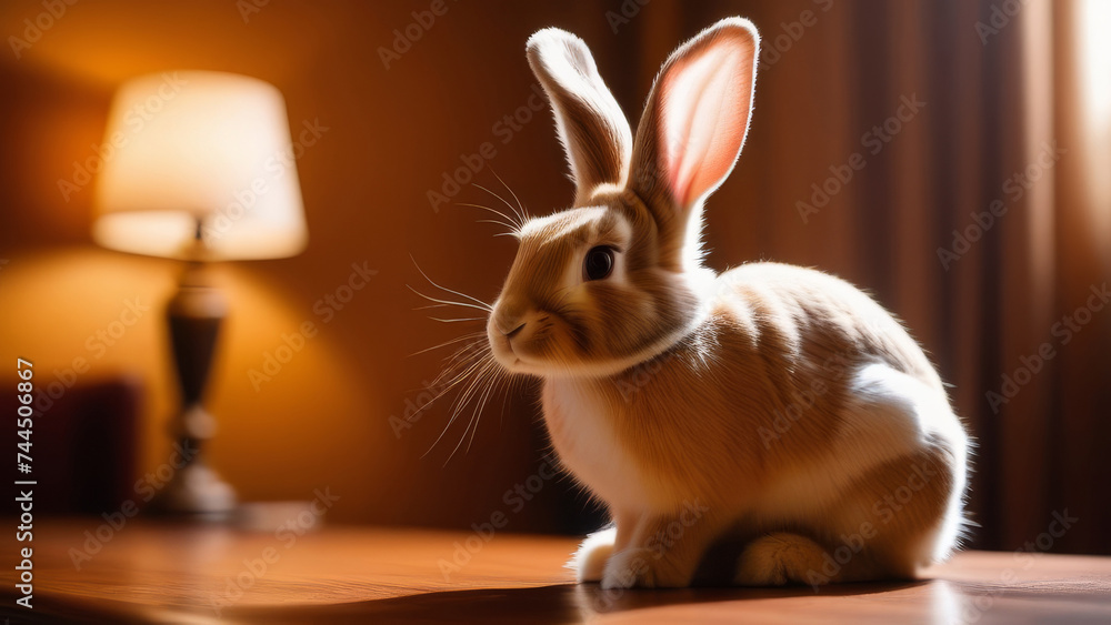 Healthy Lovely fluffy rabbit at home. Adorable baby bunny in sun Cinematic Lighting