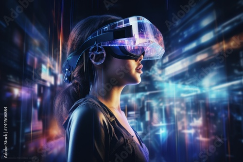 Futuristic vr headset technology concept with woman wearing virtual reality glasses