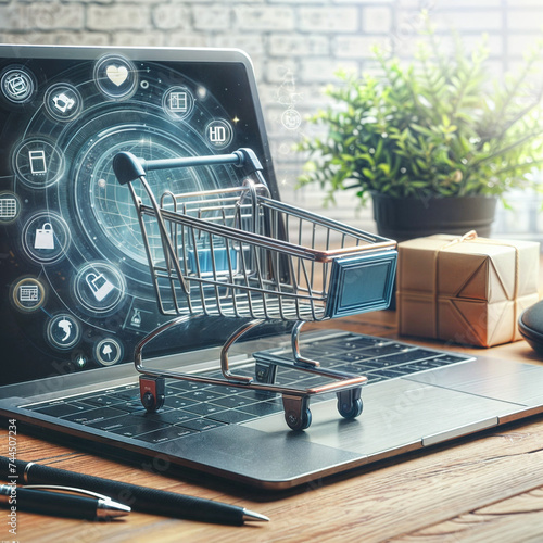 a shopping cart sitting on top of a laptop computer, a stock photo, trending on shutterstock, neoism, stock photo, stockphoto, photoillustration photo