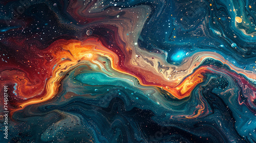 Stylized cat tail creating abstract patterns on a canvas of swirling galaxies.