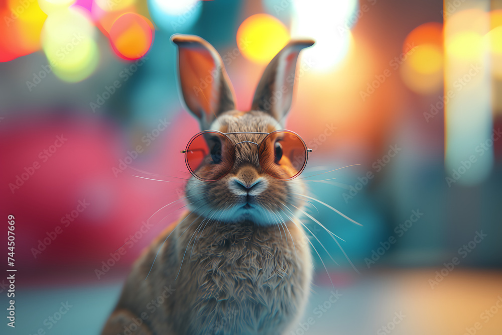 Fototapeta premium rabbit wearing sunglasses. Studio pet portrait with blue and orange gradient background