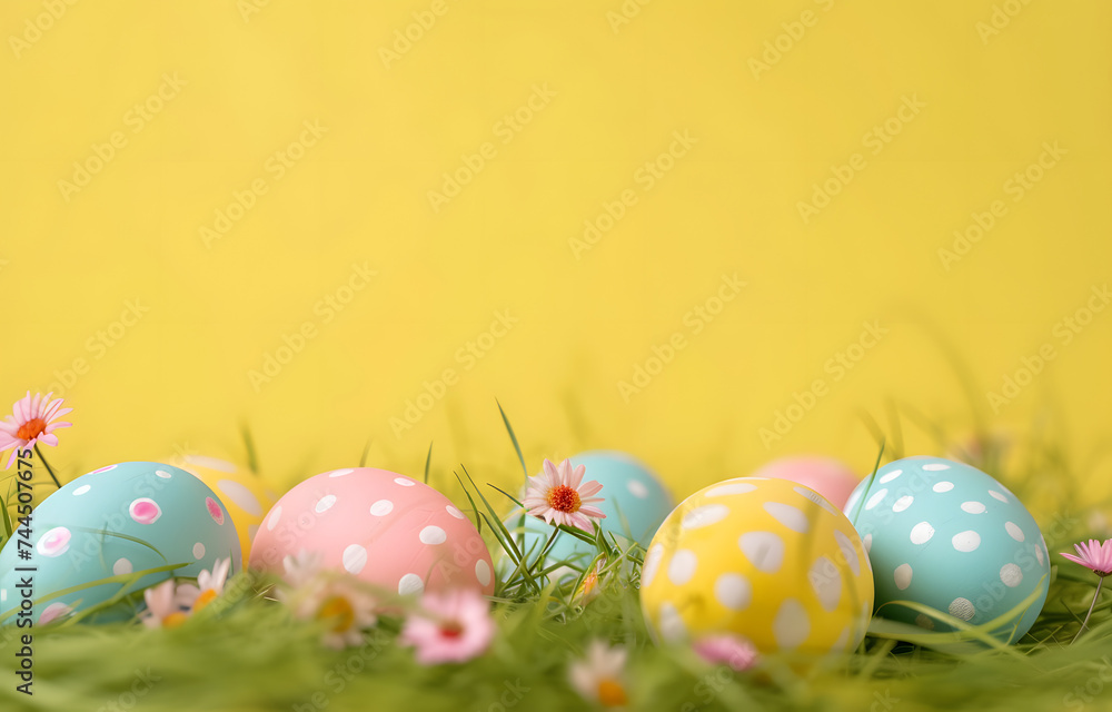 Easter eggs and tulips on grass against a yellow background. Studio setup with copy space for design and print, Easter celebration theme, Colorful easter eggs with flowers and green grass. 