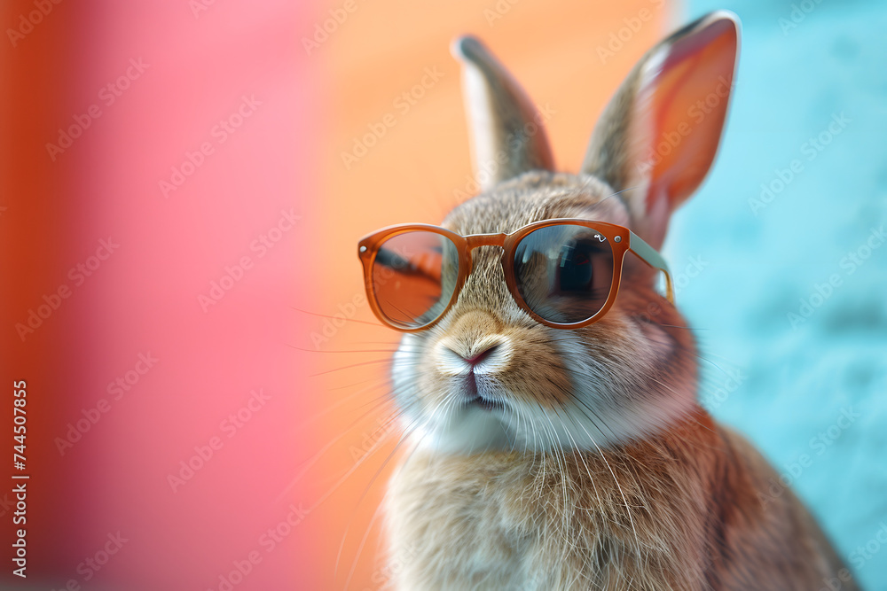 rabbit wearing sunglasses. Studio pet portrait with blue and orange gradient background