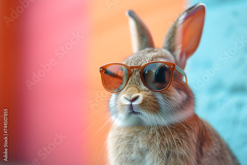 rabbit wearing sunglasses. Studio pet portrait with blue and orange gradient background