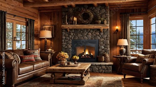 Cozy cabin  Wood paneling  fireplace  and rustic furnishings  offering warmth and tranquility in a rustic retreat Generative AI