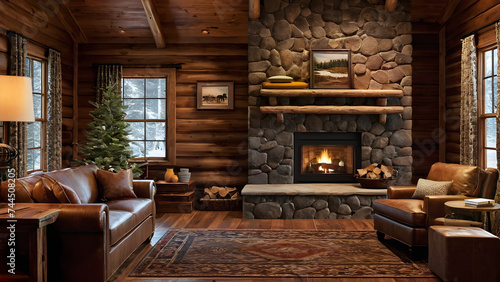 Cozy cabin  Wood paneling  fireplace  and rustic furnishings  offering warmth and tranquility in a rustic retreat Generative AI