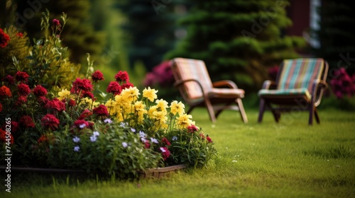 Serene backyard garden with green grass, blooming flowers, cozy patio lounge chairs © Aliaksandra