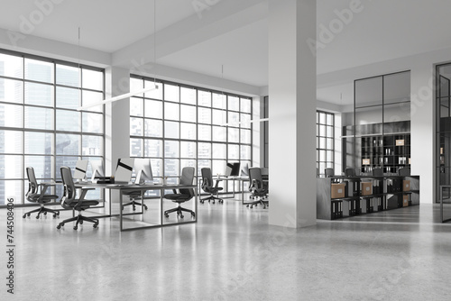 White open space office interior with columns