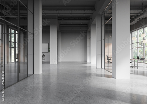 Grey office interior with glass coworking room with furniture, panoramic window © ImageFlow