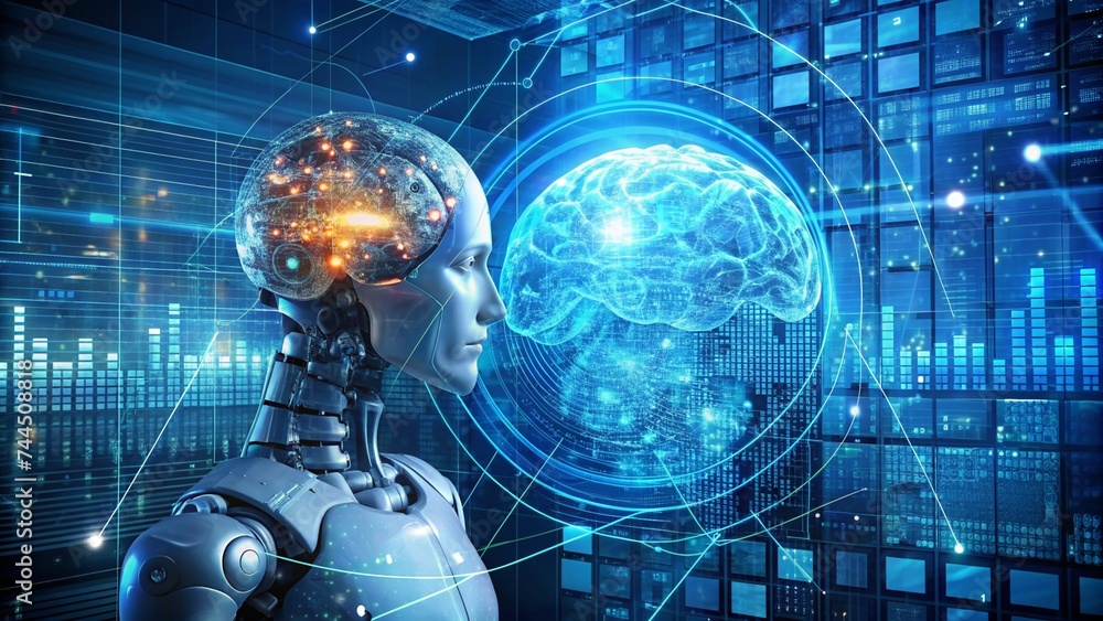 Naklejka premium Robot Ai big brain data analytics artificial intelligence