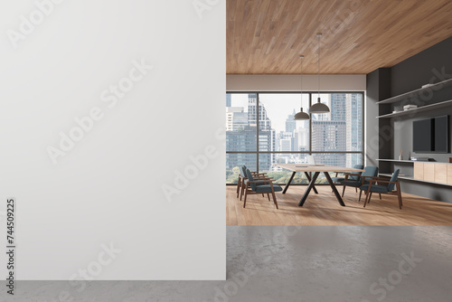 Office meeting interior with table and chairs  tv screen and window. Mockup wall